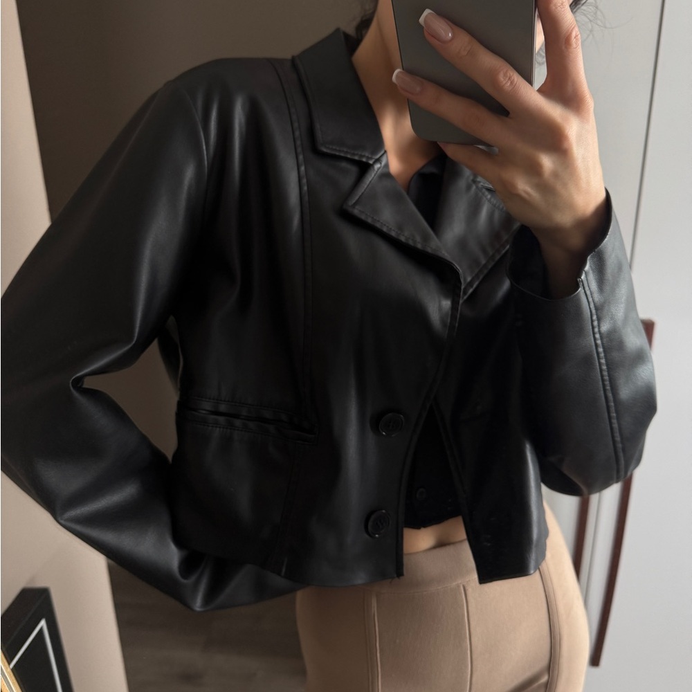 Topshop Black Leather Motorcycle Jacket with Stand-up Collar